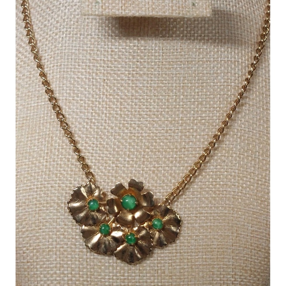 Vintage Gold Tone Floral Necklace Green Faux Jade MCM 1950s 1960s Jewelry Retro